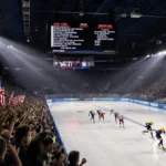 Speed skaters sprinting down the ice with bright strobe lights and a cheering crowd during Olympic trials