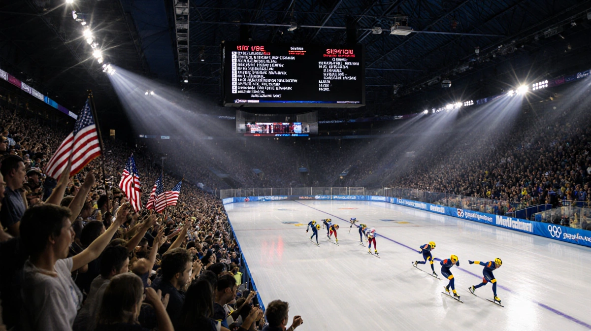 Speed skaters sprinting down the ice with bright strobe lights and a cheering crowd during Olympic trials