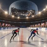 Speed skaters glide into the Fiera Milano oval with reflected building facade and LED-lit signs held by winter sports fans