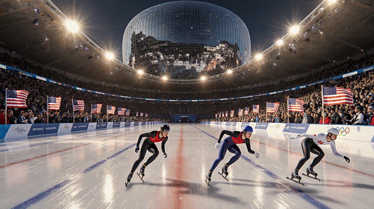 Speed skaters glide into the Fiera Milano oval with reflected building facade and LED-lit signs held by winter sports fans
