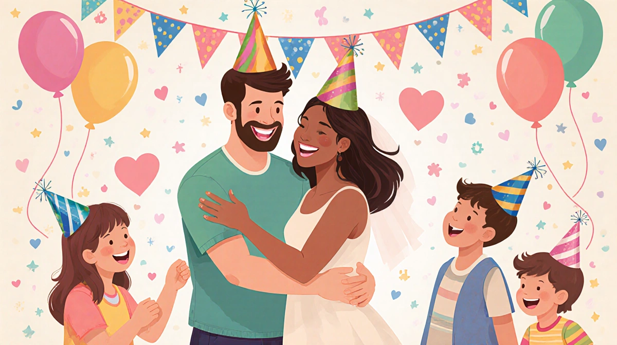 Spencer and Monique celebrating their 5th wedding anniversary with children playing and colorful balloons