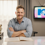 Spencer Pratt revealing contract details with polished desk and contracts beside him and background blurs MTV logos.