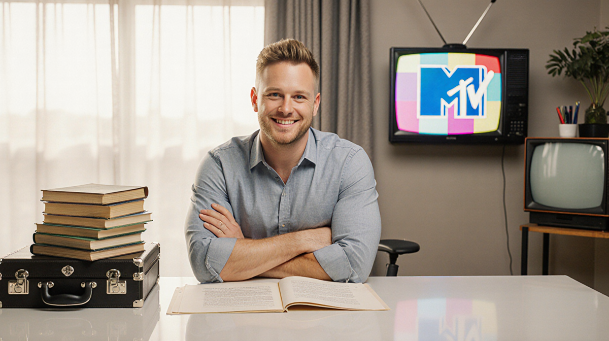 Spencer Pratt revealing contract details with polished desk and contracts beside him and background blurs MTV logos.