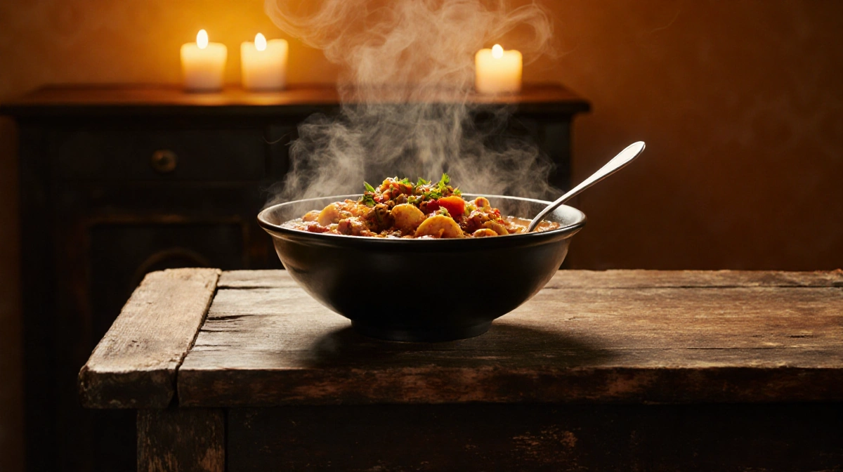 Steamy bowl of Louisiana gumbo rests on rustic wood table with flickering candles behind and spoon ready for serving