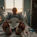 Woman sits on hospital bed with spider bites on feet and Florida sunset glowing through window