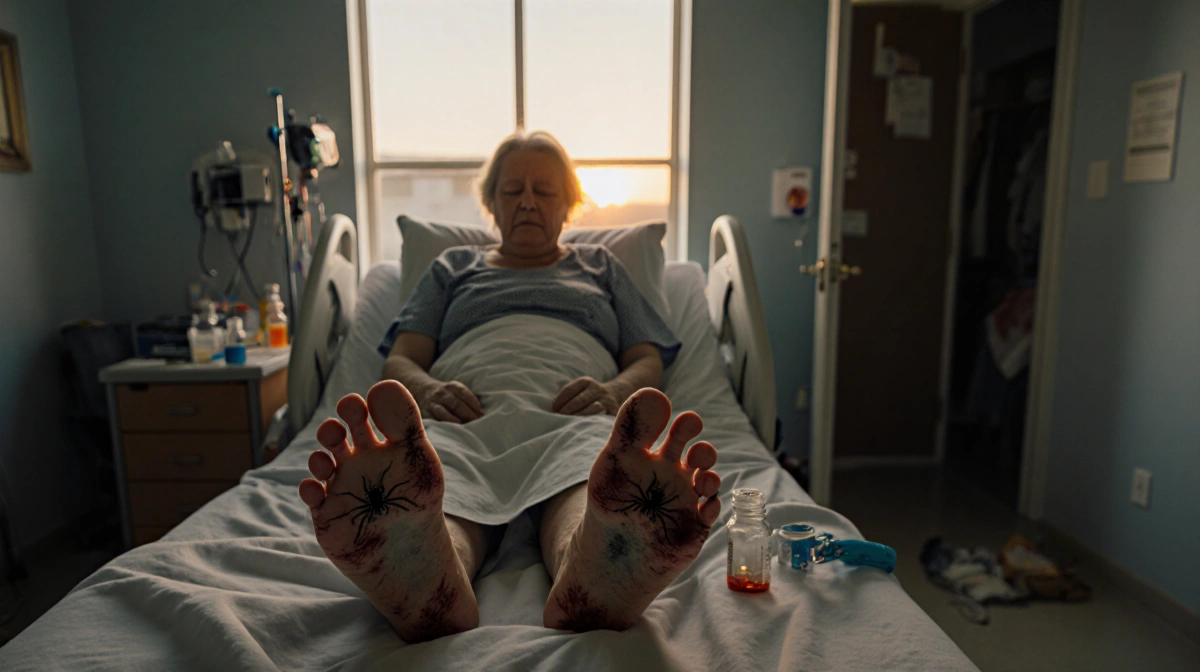Woman sits on hospital bed with spider bites on feet and Florida sunset glowing through window