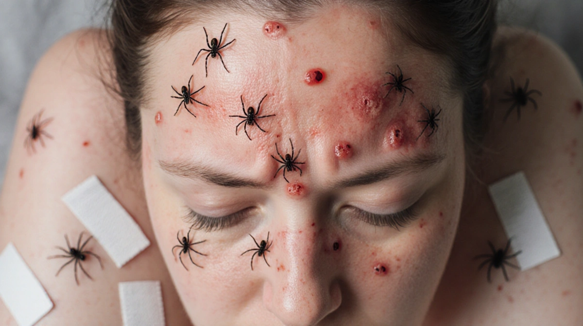 Woman's forehead showing multiple spider bites with red swelling and blisters with bandages and medical tape nearby