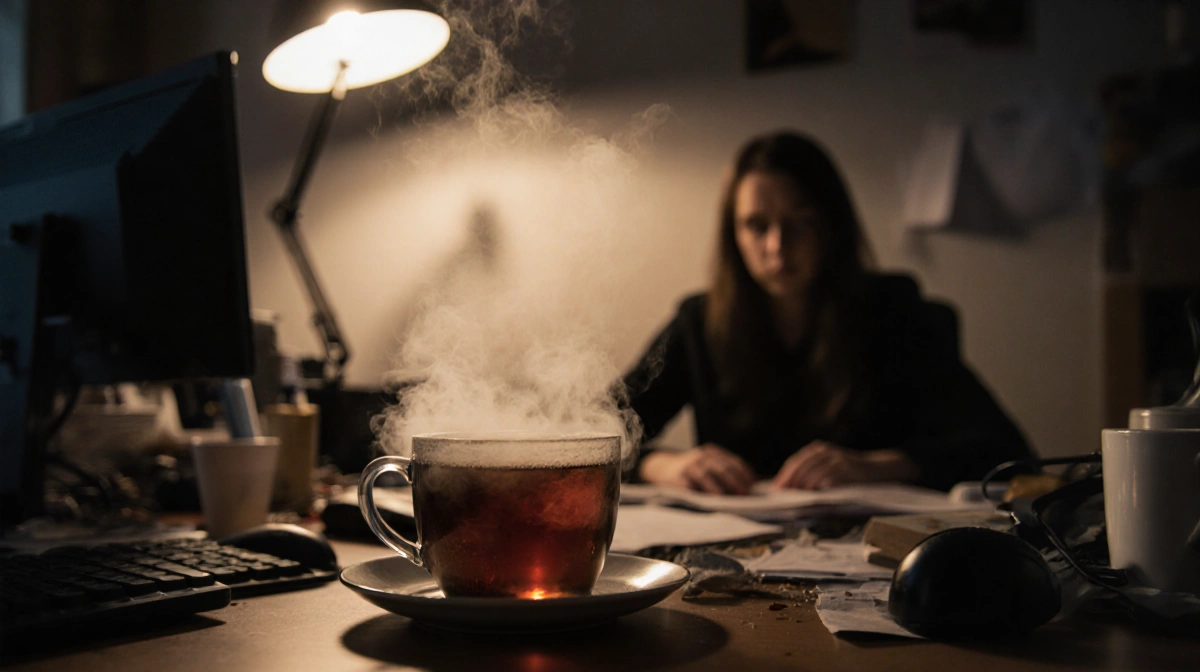 Steaming tea cup tilts on cluttered desk with worker wincing at computer and harsh lamp glow on wall