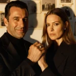 Two figures stand apart with clasped hands and distant smiles in a dimly lit intimate portrait with soft golden lighting.