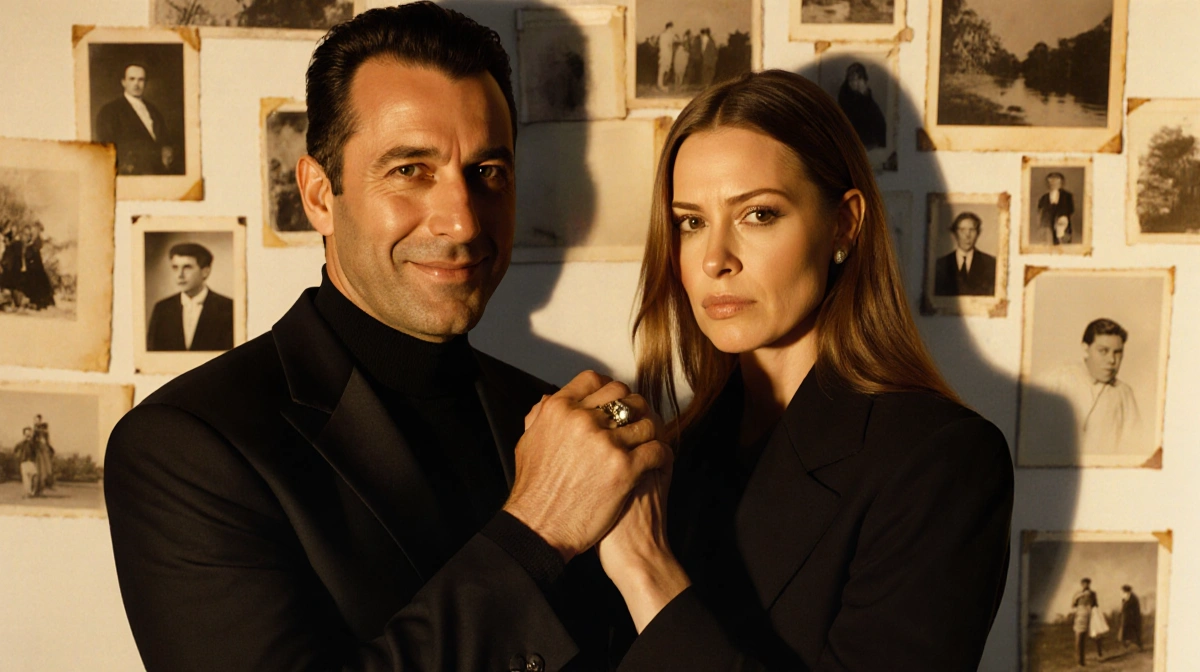 Two figures stand apart with clasped hands and distant smiles in a dimly lit intimate portrait with soft golden lighting.