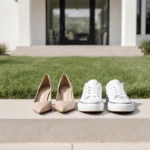 Two pairs of shoes sit on steps with Ariana