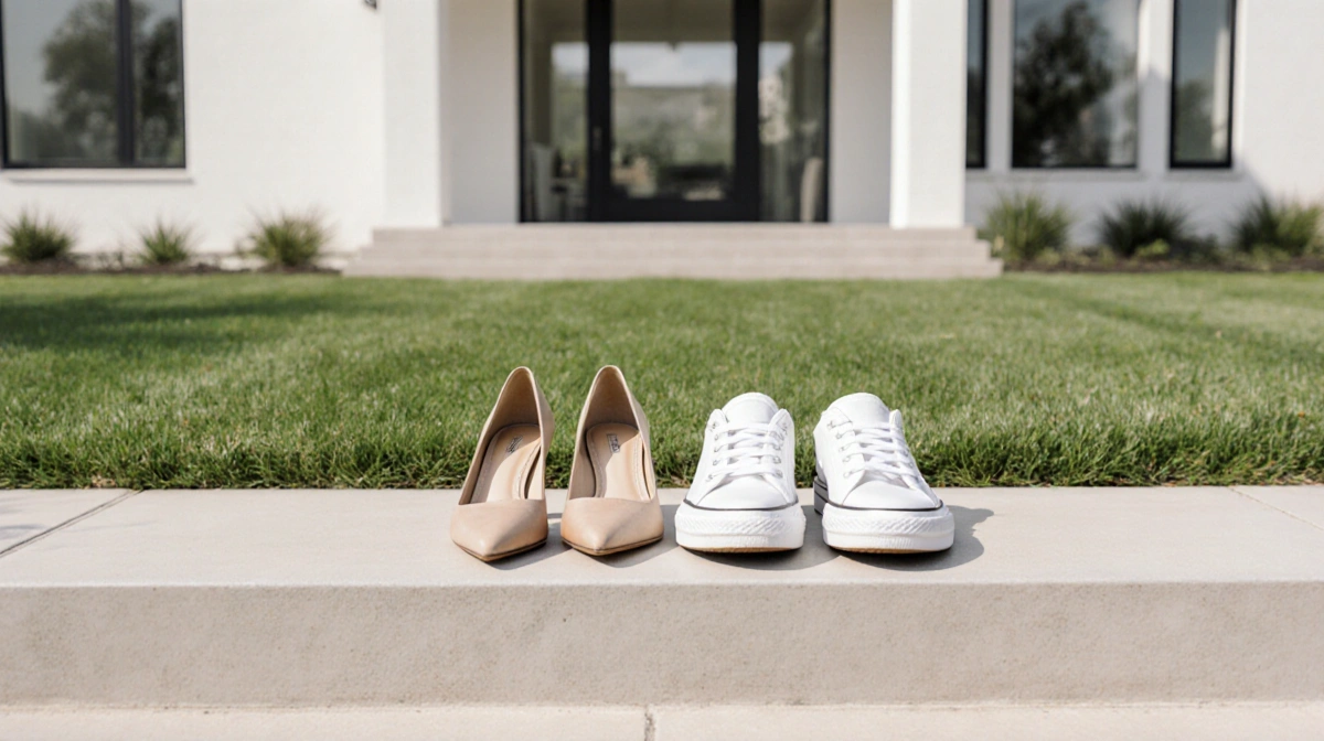 Two pairs of shoes sit on steps with Ariana