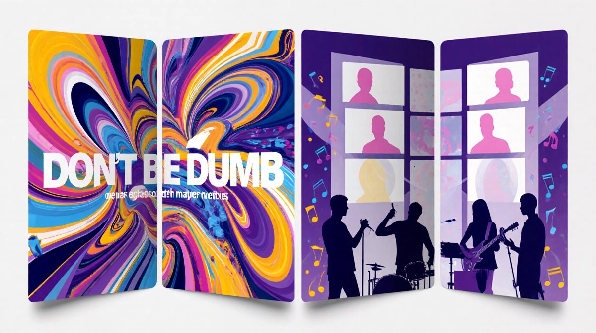 Split screen showing abstract colorful shapes blending with musician silhouettes and musical notes