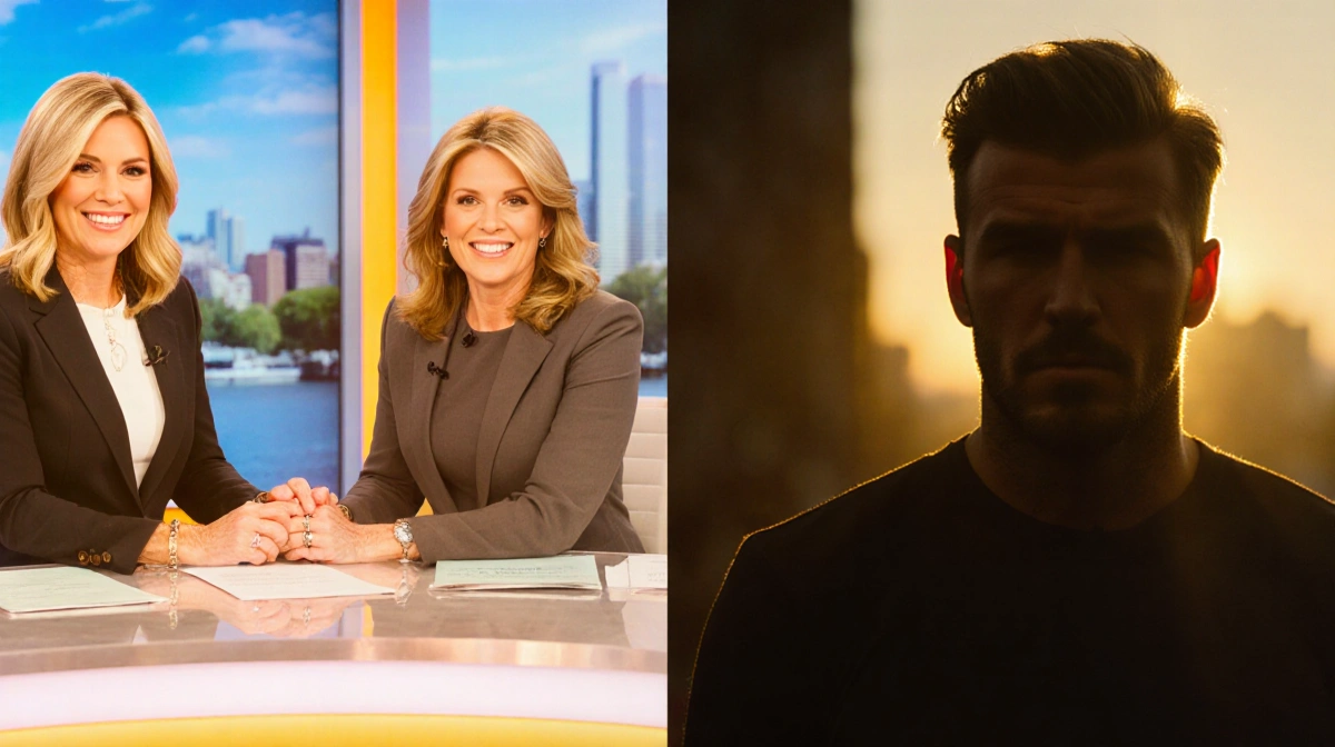 Jenna Bush Hager and Sheinelle Jones smiling and holding hands at a desk while Brooklyn Beckham looks against cityscape.
