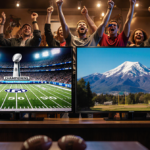 Fans cheer in front of two TV screens showing AFC and NFC championship games with warm glow and football decorations