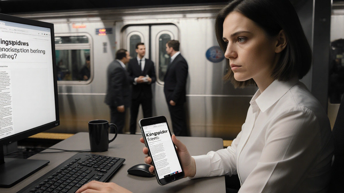 Serious spokesperson holding phone showing article title while blurred subway riders appear in background