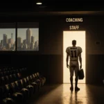 Lone figure stands before a door marked Coaching Staff, holding a briefcase, wearing a football jersey amid a city skyline.