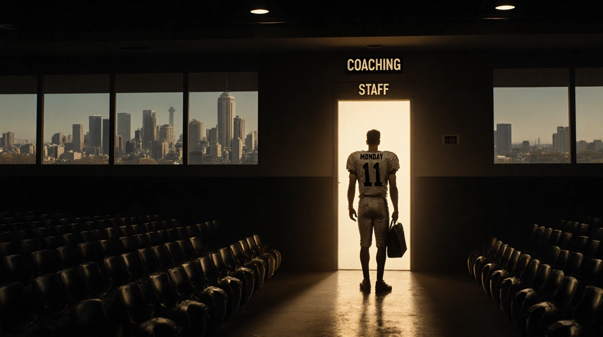 Lone figure stands before a door marked Coaching Staff, holding a briefcase, wearing a football jersey amid a city skyline.
