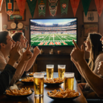 Friends cheering loudly with the TV showing the CFP National Championship Game in a packed sports bar.