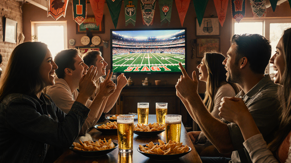 Friends cheering loudly with the TV showing the CFP National Championship Game in a packed sports bar.