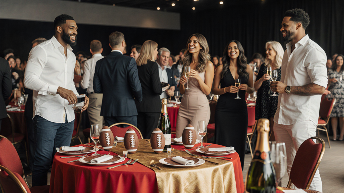 Guests mingling around tables with football-shaped place cards and champagne bottles with celebrity hosts laughing.