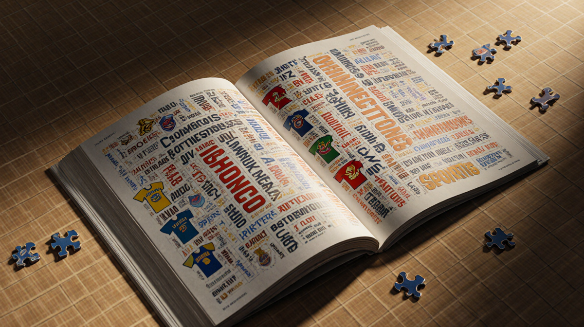 Puzzle grid highlights sports words with golden light and vibrant team logos