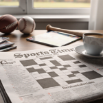 Newspaper with sports crossword puzzle on wooden desk with footballs and baseball bat and coffee cup in warm light
