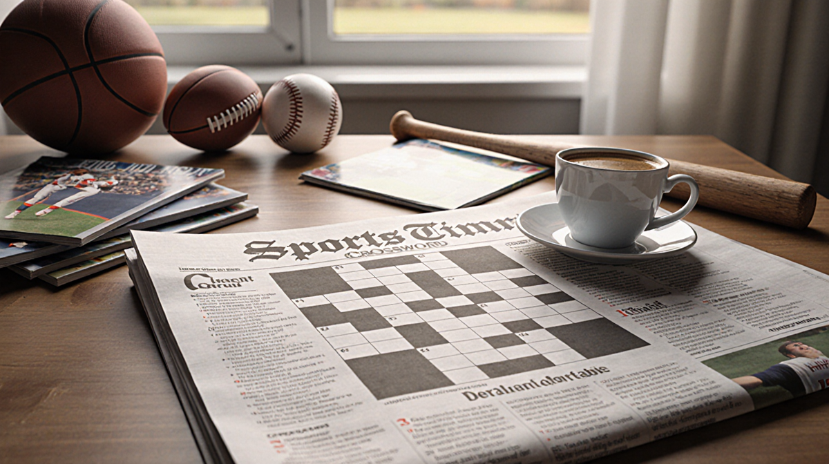 Newspaper with sports crossword puzzle on wooden desk with footballs and baseball bat and coffee cup in warm light