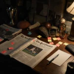An open New York Times Sports section sits on a cluttered desk with handwritten hints and answers on sticky notes glowing und