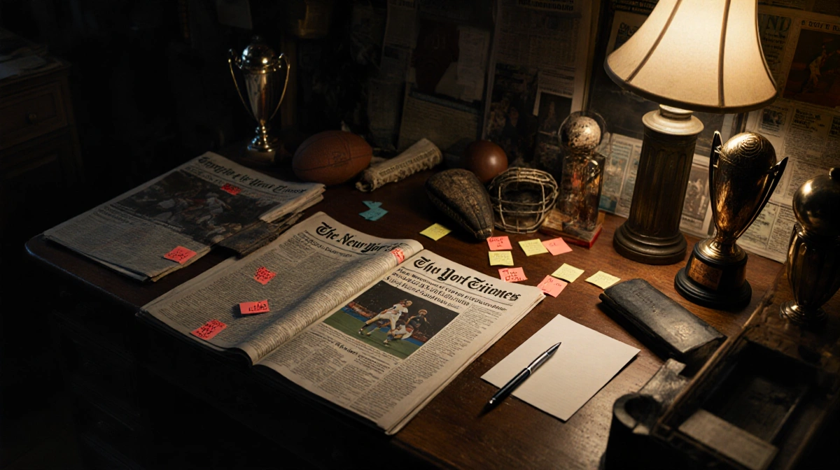 An open New York Times Sports section sits on a cluttered desk with handwritten hints and answers on sticky notes glowing und