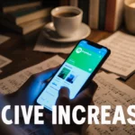 Smartphone shows Spotify Premium app with blue glow illuminating cluttered desk with coffee cups and books