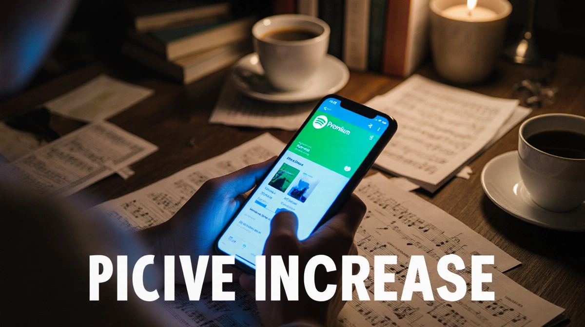 Smartphone shows Spotify Premium app with blue glow illuminating cluttered desk with coffee cups and books