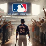 Baseball player stands with bat near stadium screen showing MLB logo with excited fans gathering behind