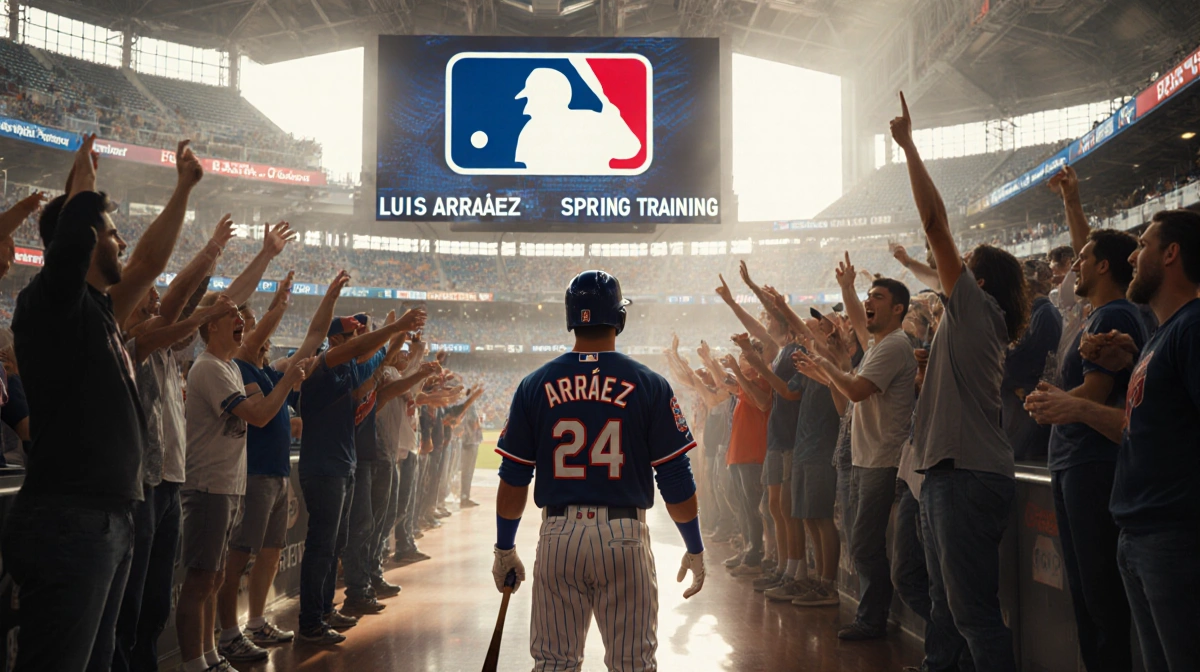 Baseball player stands with bat near stadium screen showing MLB logo with excited fans gathering behind
