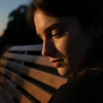 Person leans on wooden bench with soft dusk light and contemplative expression