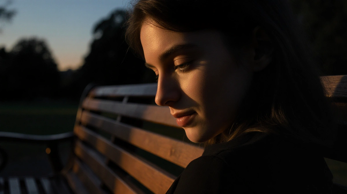Person leans on wooden bench with soft dusk light and contemplative expression