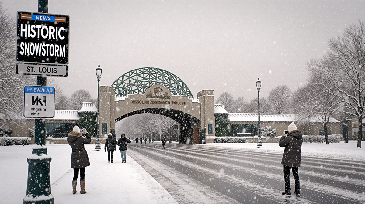 Pedestrians walking along snow-covered St. Louis street with Missouri Zoo entrance in background.