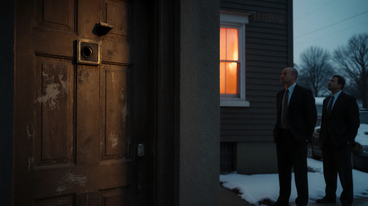 Federal agents stand near a worn wooden door with scratches and a peephole while a lit window casts orange light above