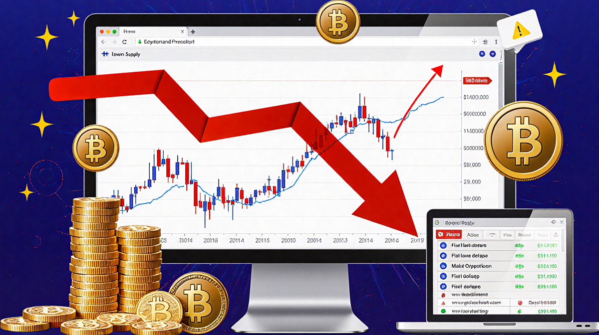 Chart shows downturn with red arrow indicating $7B stablecoin drop while crypto coins move toward computer exchanging fiat.
