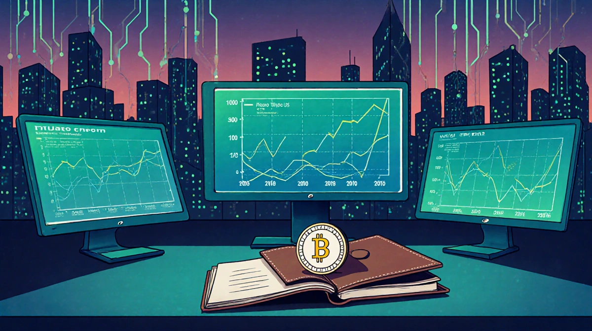 Corporate treasurer reviews blockchain data on multiple screens with stablecoin wallet and Treasury bond on leather portfolio