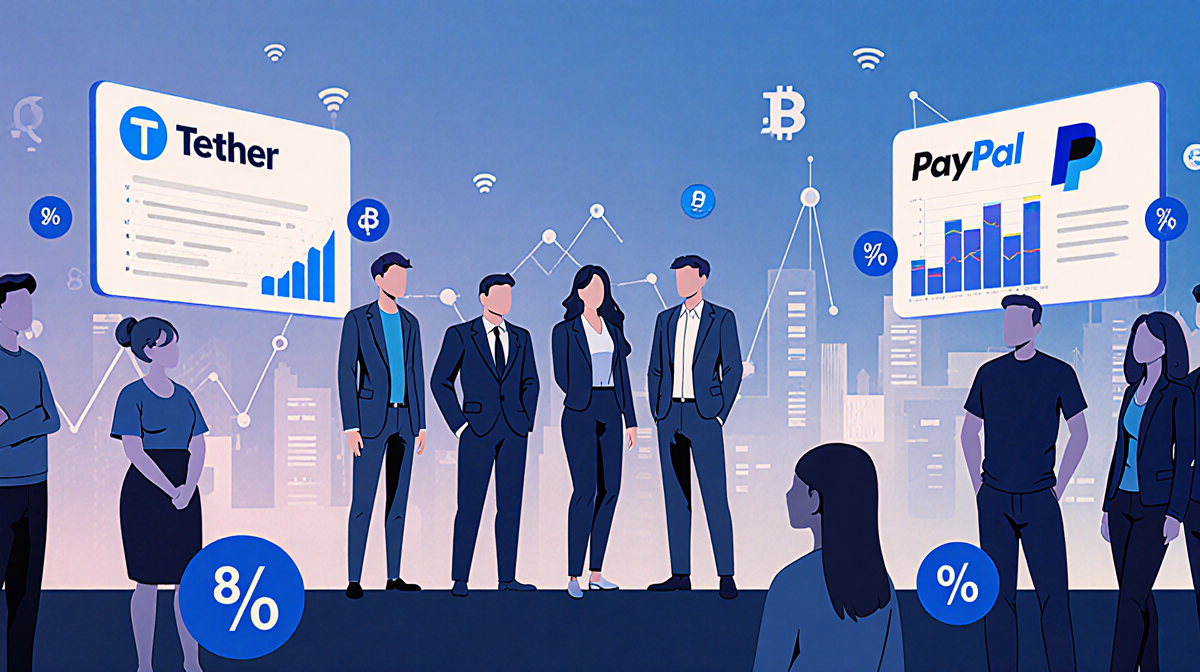Stablecoin giants Tether and Circle stand tall with PayPal and Ripple beside them highlighting 82% market share in a crowded 