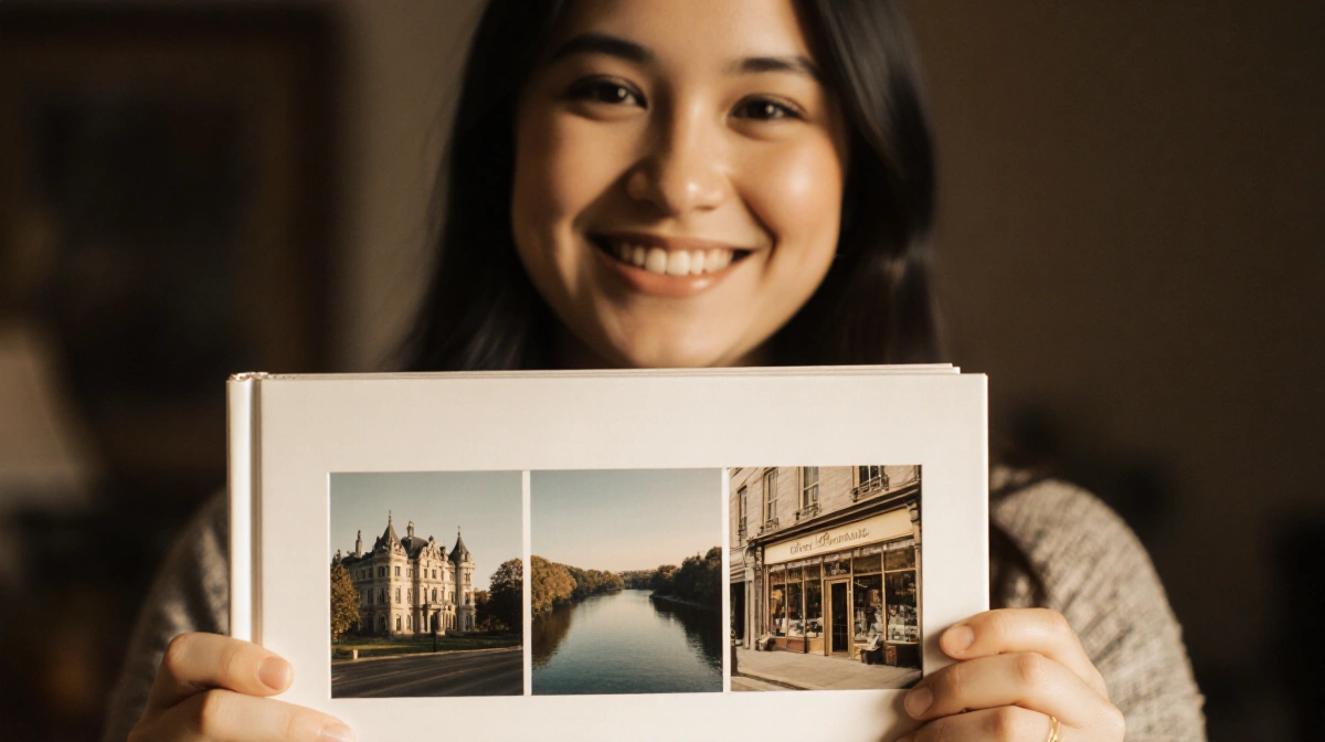Young woman holding wedding photo album with Memphis landmarks on the cover and camera nearby