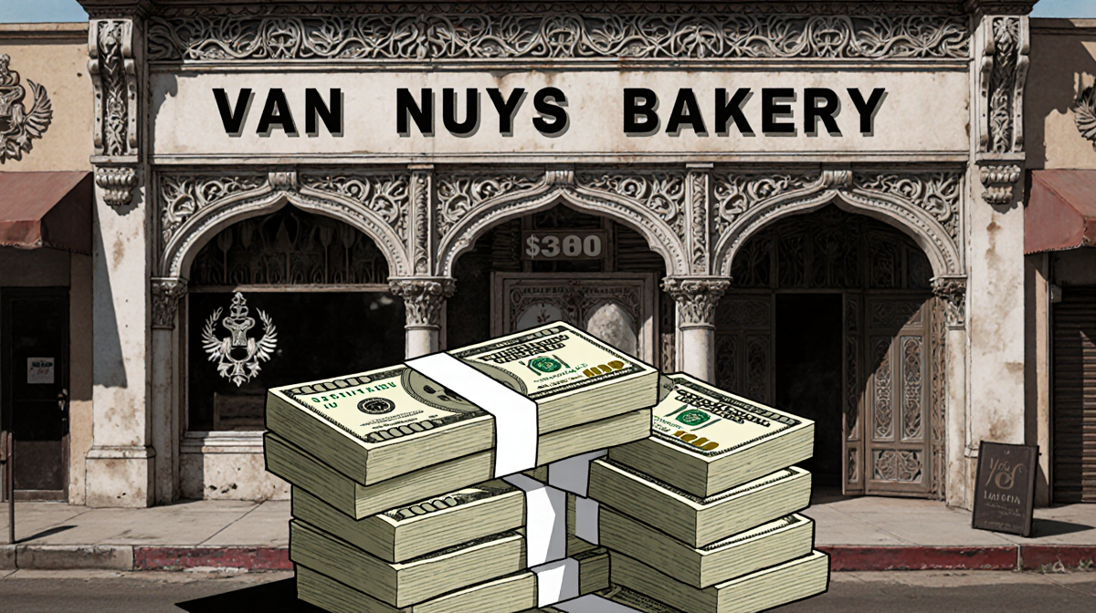 Money stack piled in front of bakery with Van Nuys Bakery sign and Armenian carvings Russian Armenian symbols hint scandal