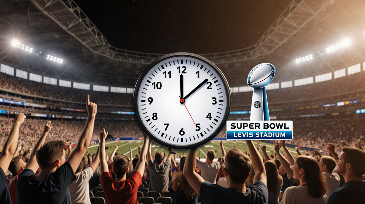 Clock displays 6:00-6:30 PM with excited fans cheering behind and Super Bowl logo near Levi's Stadium signage.