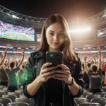 Young woman watching live sports on phone with LED screens and stadium seats behind her.