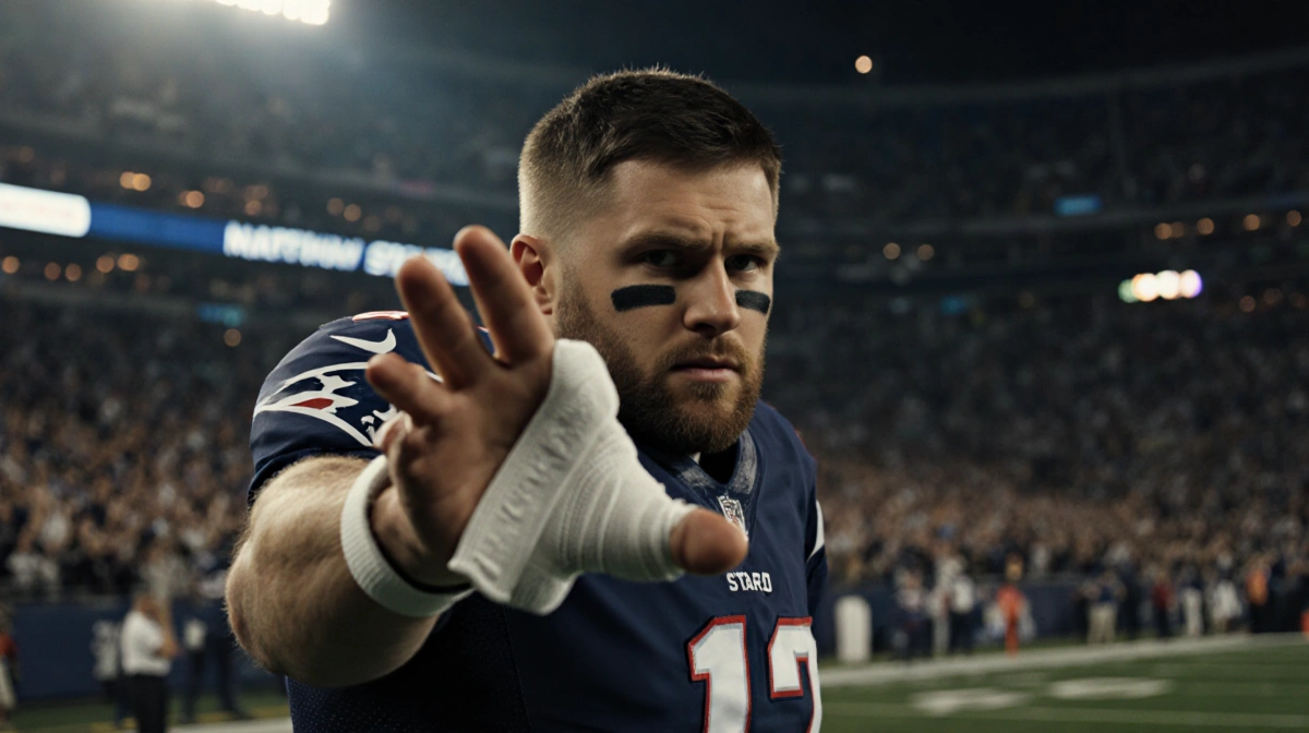 Matthew Stafford stretching bandaged finger with determined look before football game