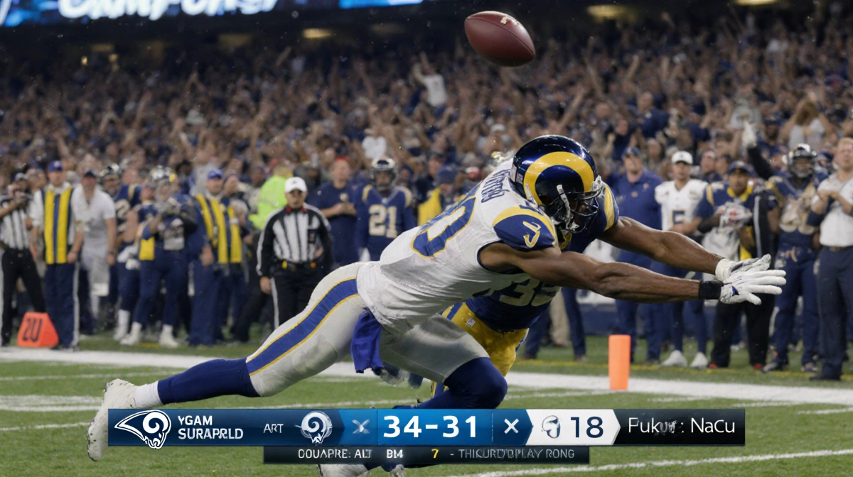 Matthew Stafford throwing deep pass to Puka Nacua with Rams bench celebrating and scoreboard showing 34-31