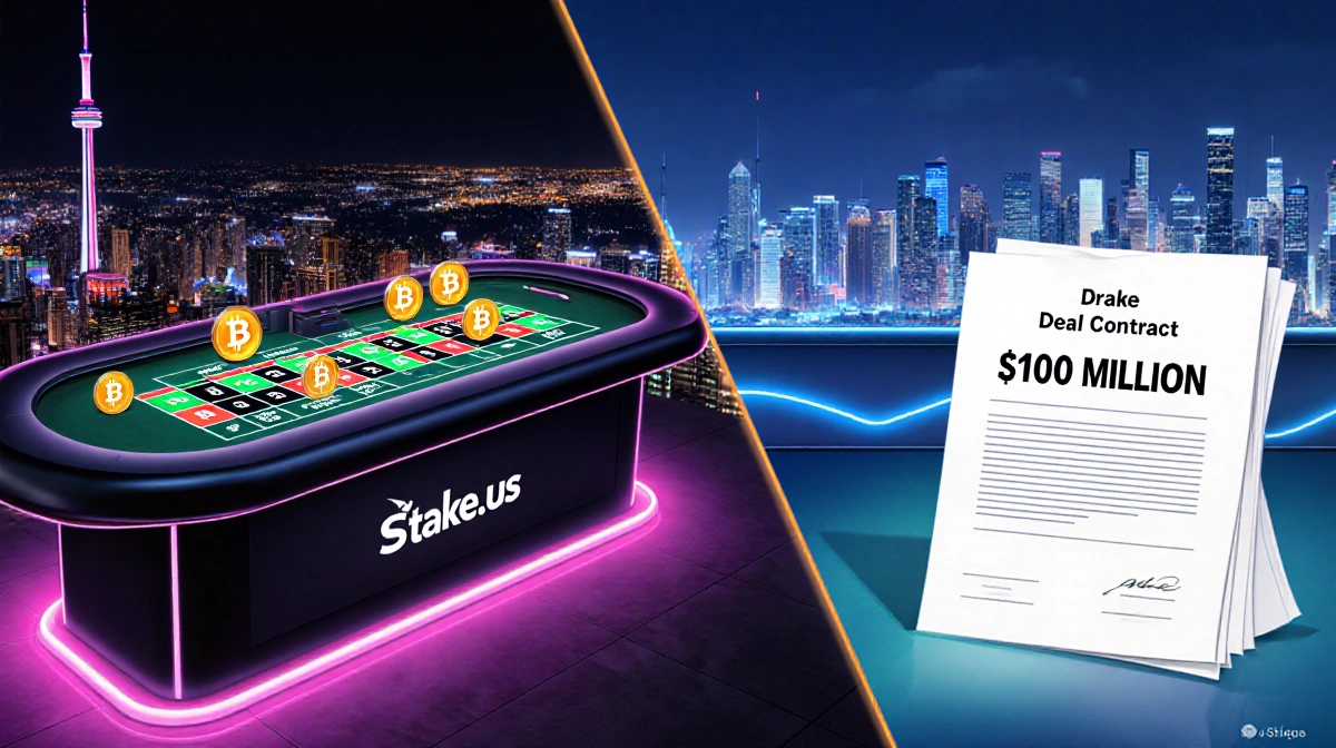 Gaming table with crypto trading symbols and Stake.us logo contrasts a $100M music deal contract against a neon cityscape