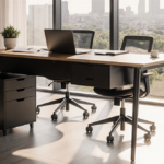 Modern standing desk glowing with laptop and ergonomic chair under natural light with cityscape in background