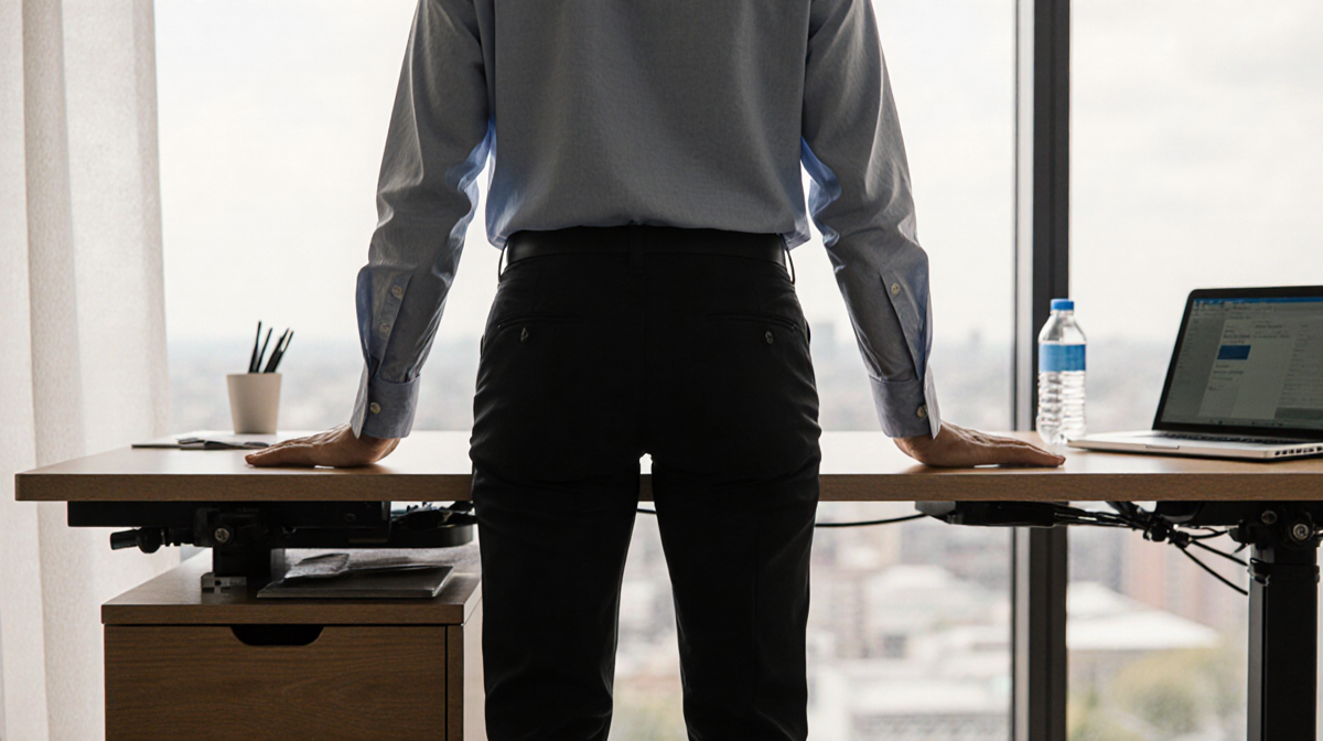 Person standing at a minimalist standing desk with laptop and water bottle transitioning from sitting to standing.
